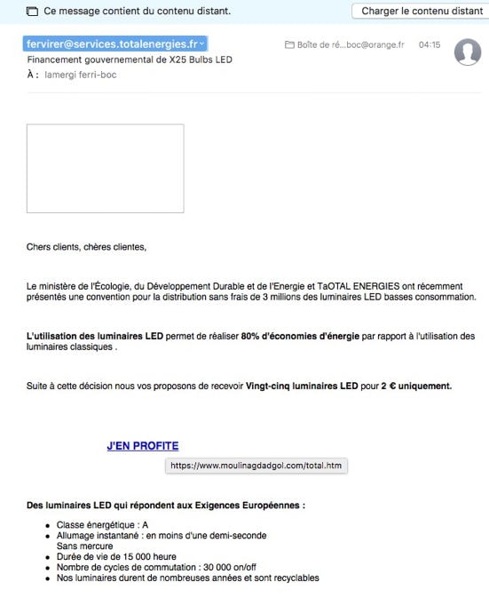 Phishing LED Total Énergies